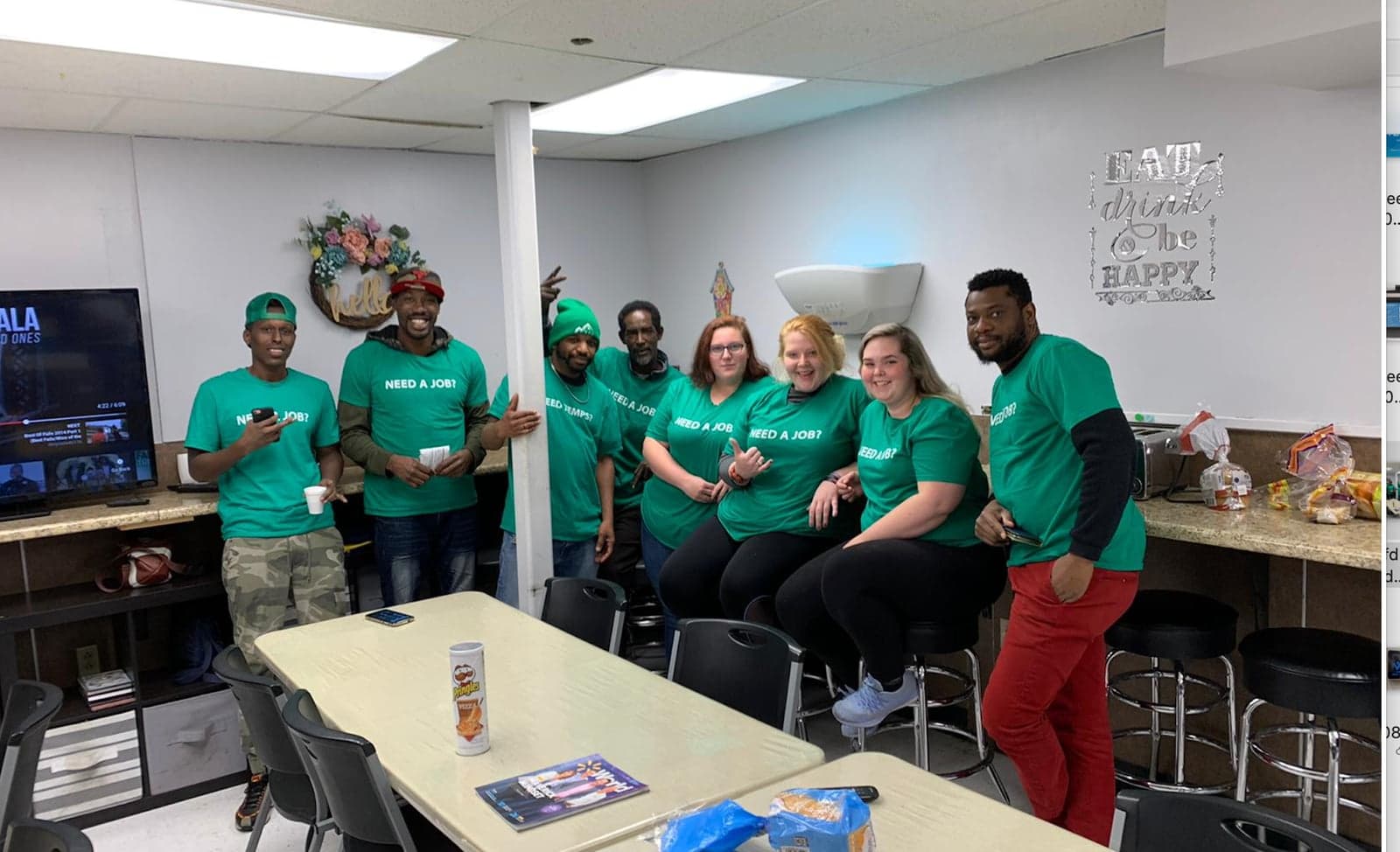 The VEA team in NEED A JOB? shirts — real Vermonters answering real applications